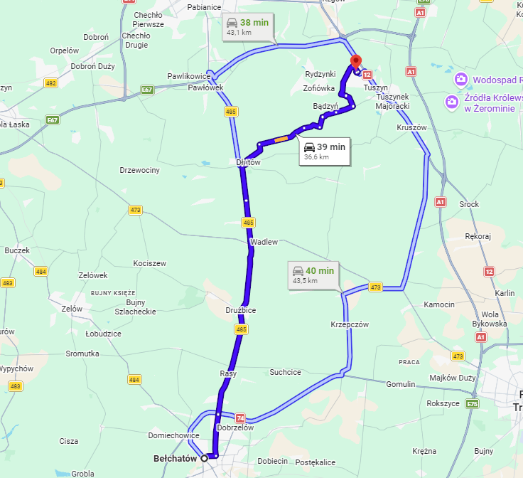 Dojazd z Bełchatowa do Willi Bratek Tuszyn, ok. 35 minut