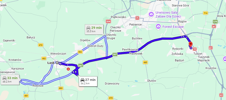 Dojazd z Łasku do Willi Bratek Tuszyn, ok. 26 minut