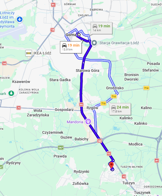 Dojazd z Łodzi Górnej do Willi Bratek Tuszyn