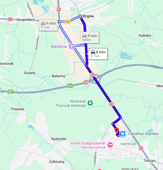 Dojazd z Rzgowa do Willi Bratek Tuszyn