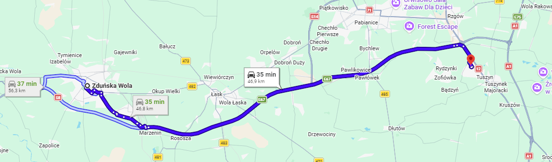 Dojazd ze Zduńskiej Woli do Willi Bratek Tuszyn, ok. 35 minut