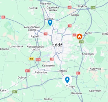 Położenie Villa Peonia, Willa Bratek i Willa Azalia na mapie Łodzi