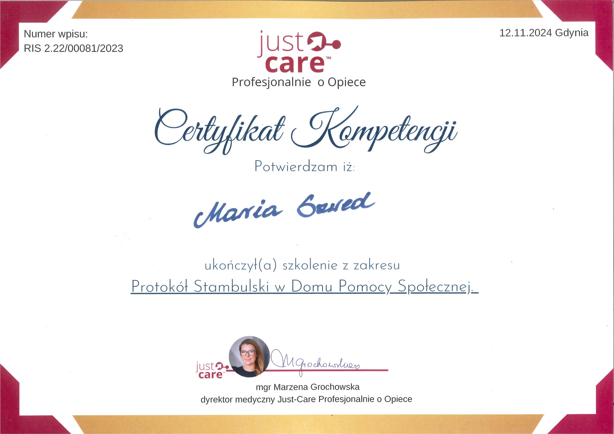 Miniatura: certyfikat Just-Care, Protokół Stambulski, Maria Szwed, 2024