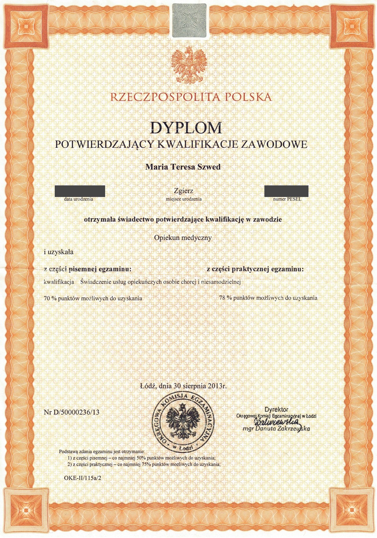 Miniatura: dyplom opiekuna medycznego Marii Szwed, 2013