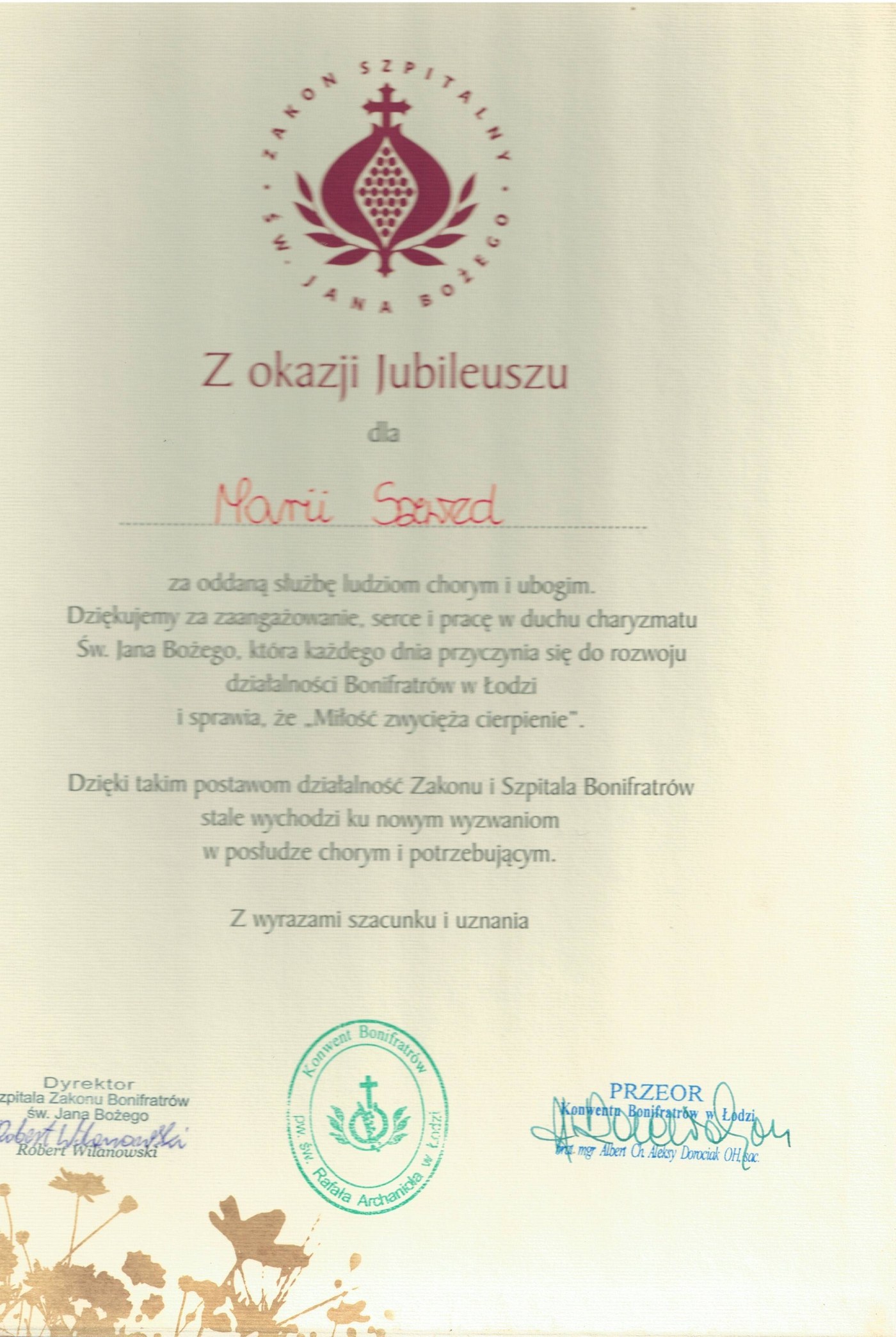 Podziękowanie od Zakonu Bonifratrów dla Marii Szwed