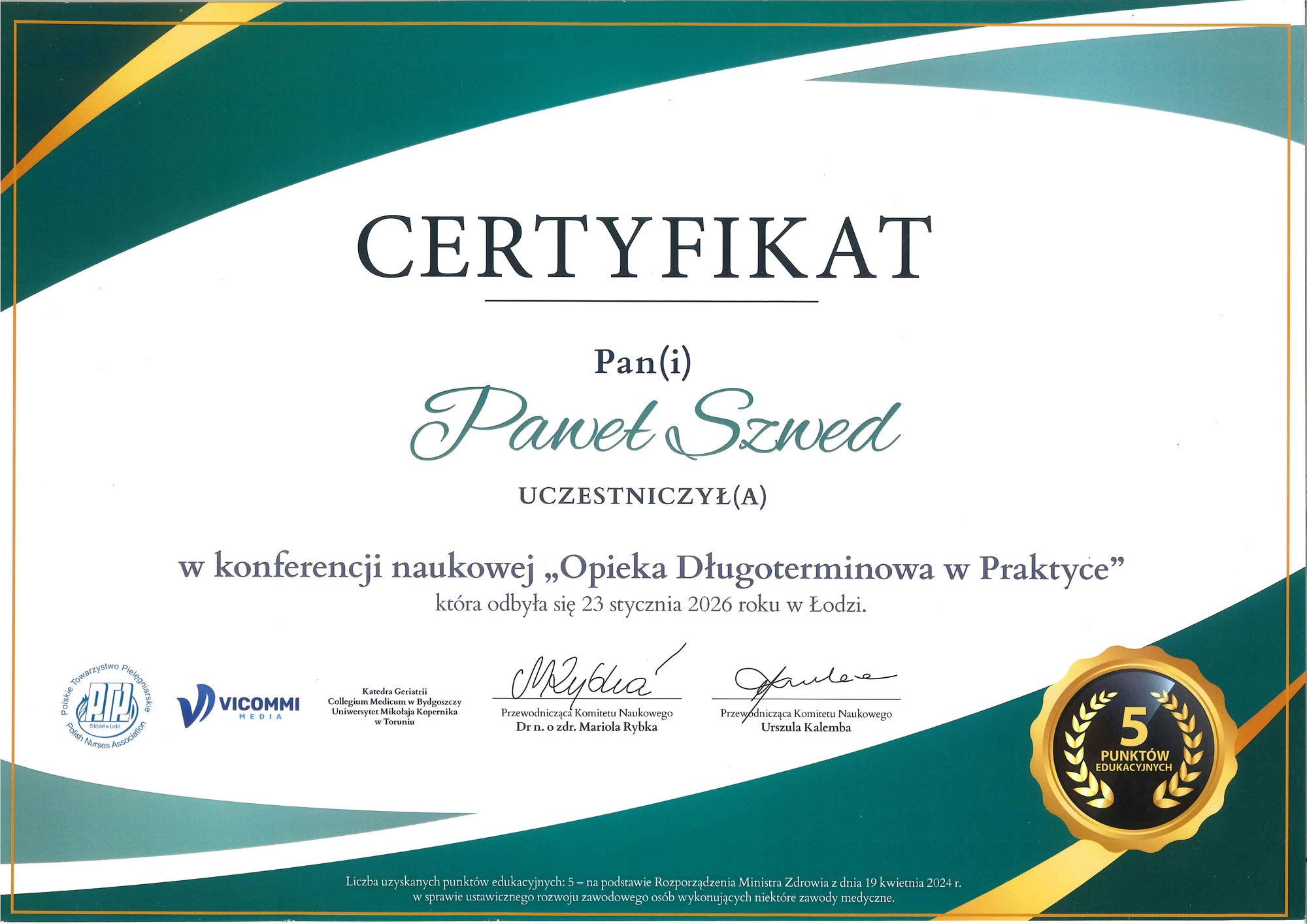 Miniatura: certyfikat, konferencja Opieka długoterminowa w praktyce, Paweł Szwed, 2026