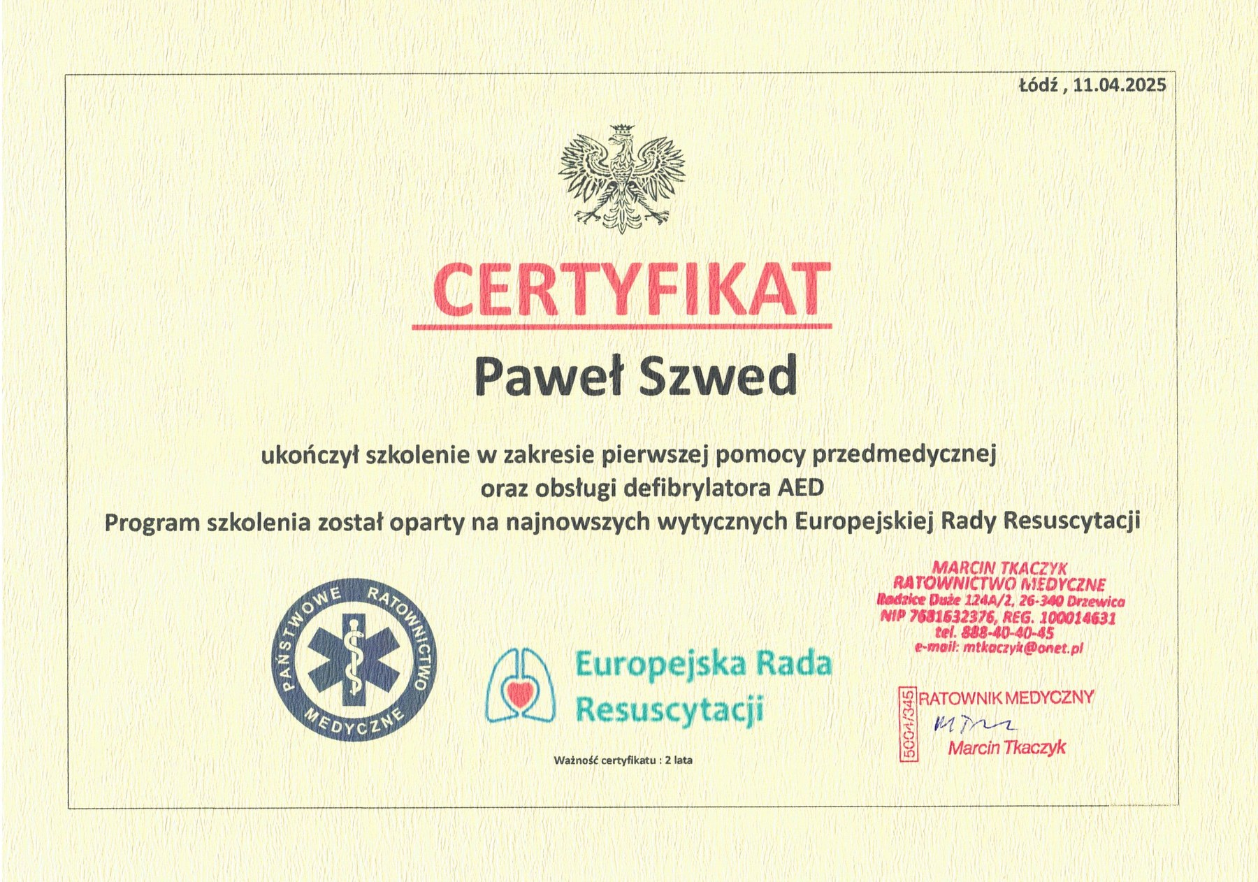 Miniatura: certyfikat, pierwsza pomoc i obsługa AED, Paweł Szwed, 2025