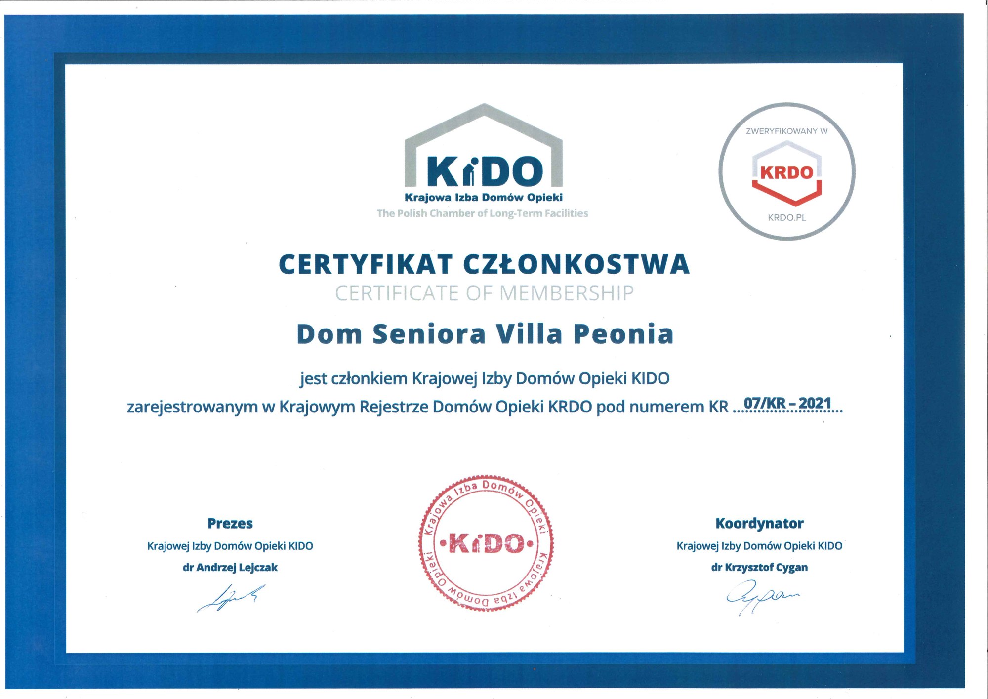 Certyfikat członkostwa w KIDO, Villa Peonia