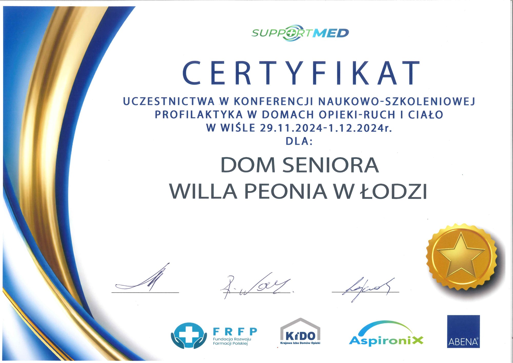 Certyfikat SupportMed, Wisła 2024, Villa Peonia